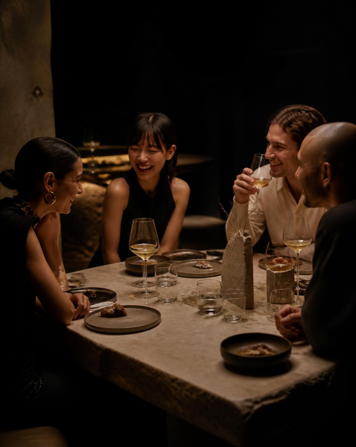 Friends sharing a tasting menu at a contemporary restaurant at night