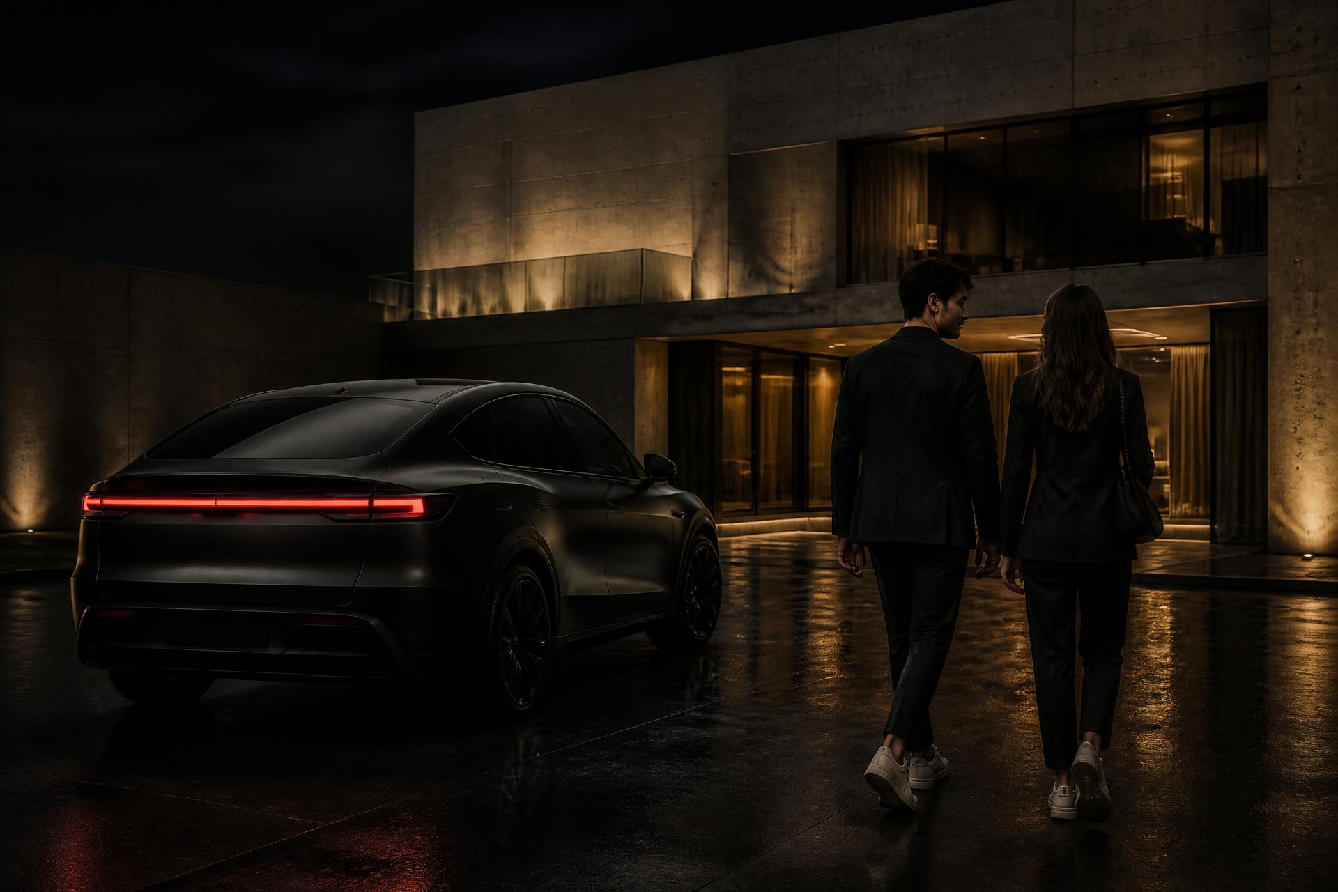 A young couple arriving at a modern hotel beside a matte-black car at night
